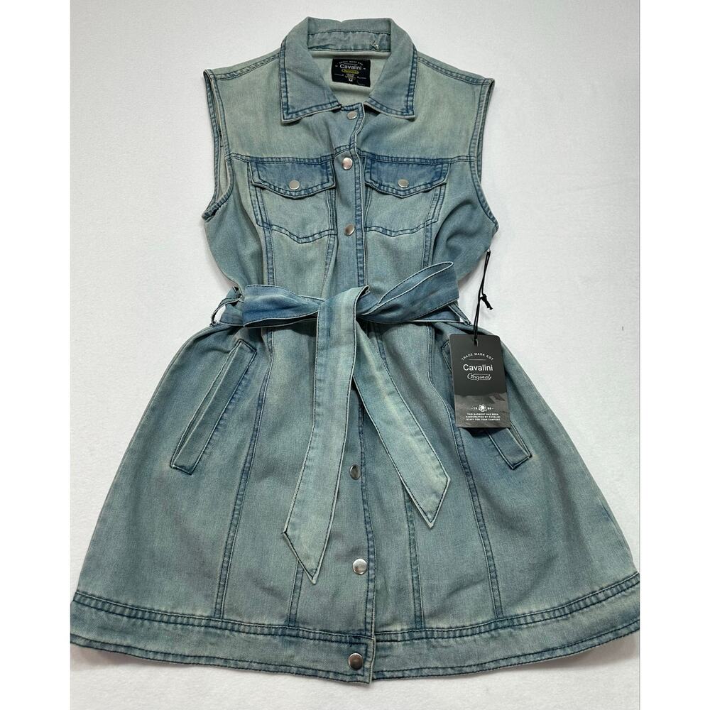 NWT Cavalini Light Wash Denim Sleeveless Belted Denim Shirt Dress Size Medium - Picture 6 of 11